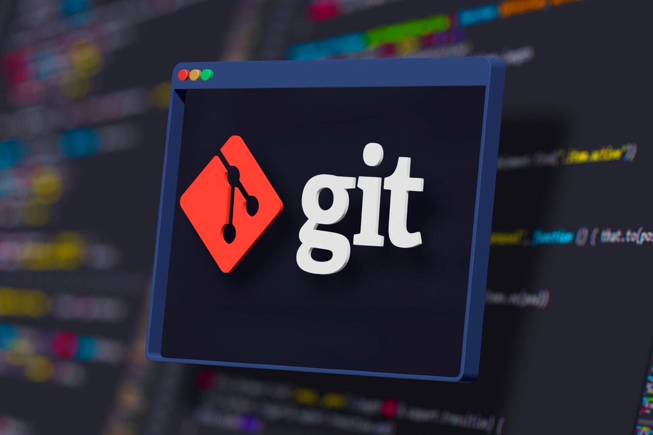 Git ロゴと背景にコードが表示されたターミナル。