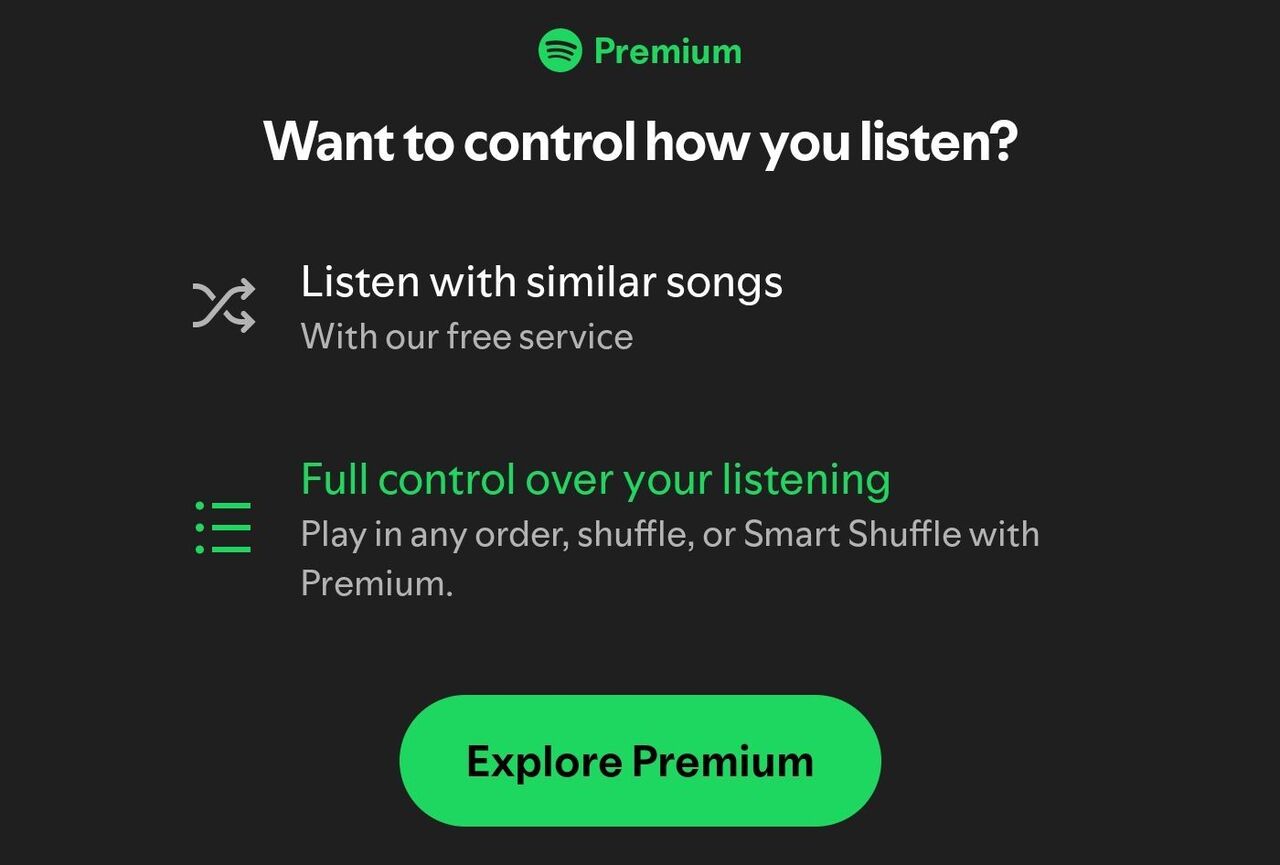 モバイルアプリ上の Spotify Premium ポップアップ。