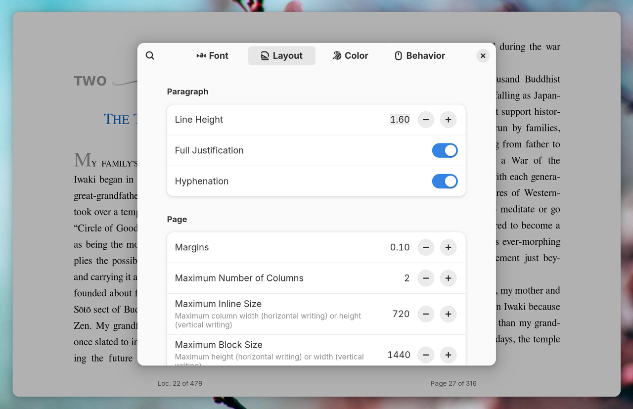 Linux 上の Foliate アプリで電子ブックのレイアウトを編集するためのウィンドウ。
