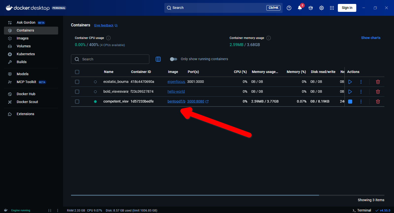 BentoPDF コンテナを実行している Docker デスクトップ。