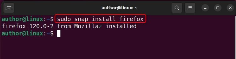 Ubuntu 上の Snap 経由で Mozilla Firefox をインストールするスクリーンショット。
