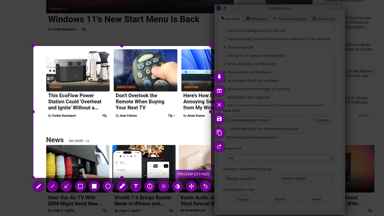 スクリーンショットをキャプチャするために使用される Flameshot アプリケーション。その横に設定ダイアログが表示されます。
