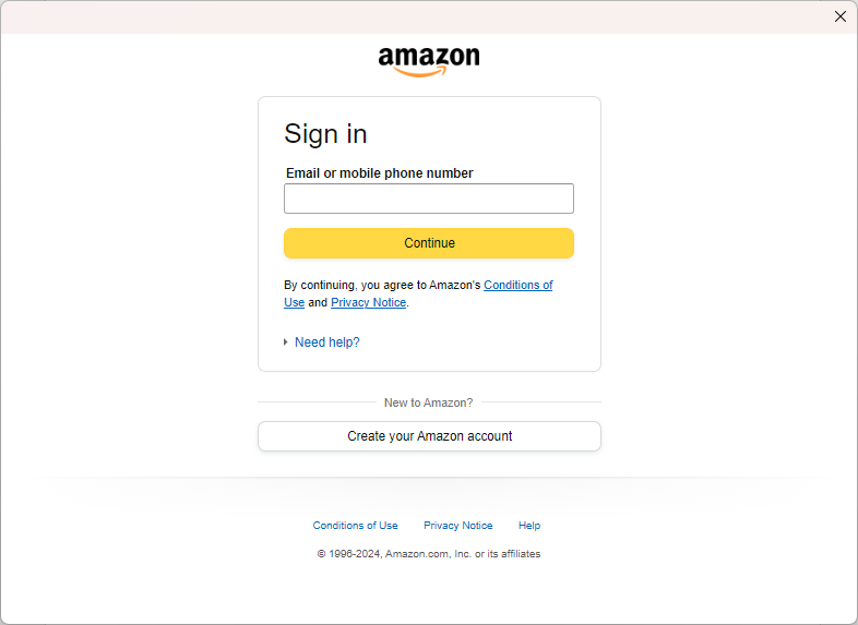 Microsoft Word の Amazon Kindle サインイン ダイアログ ボックス。