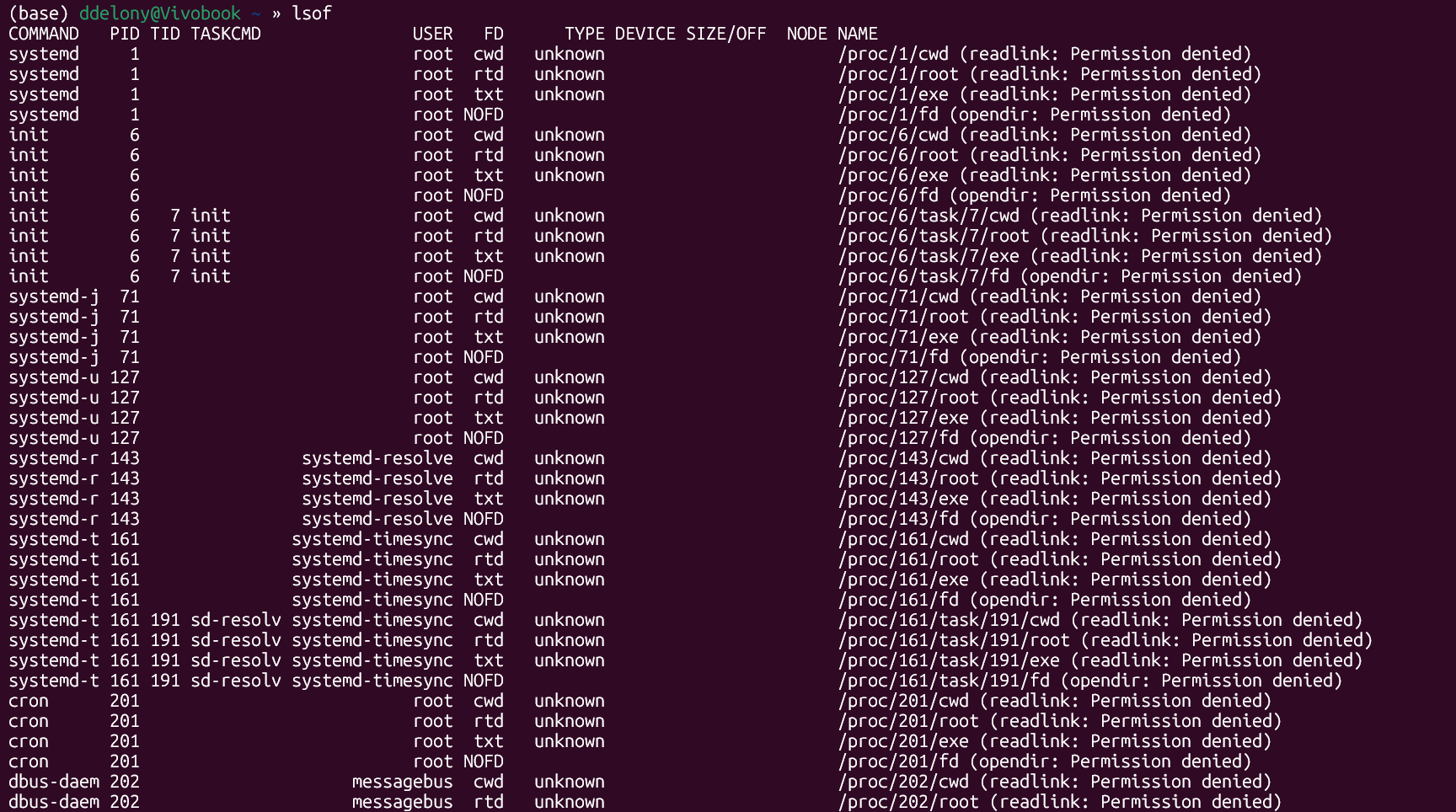 WSL ターミナルの lsof outout。