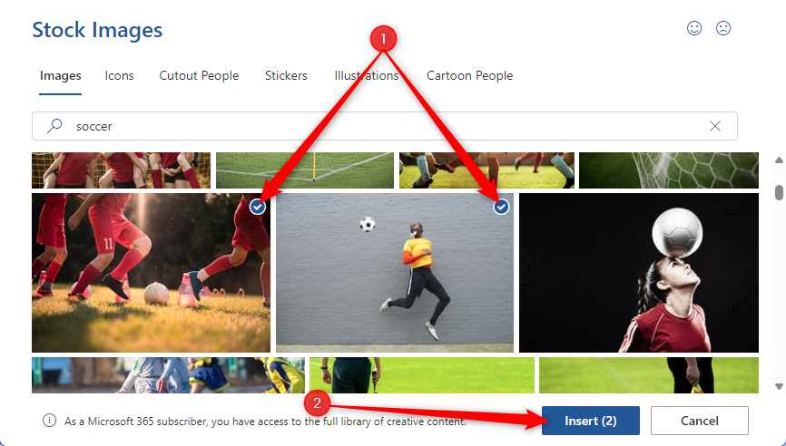 Microsoft Word で 2 つのストック画像が選択され、[挿入]ボタンが強調表示されます。