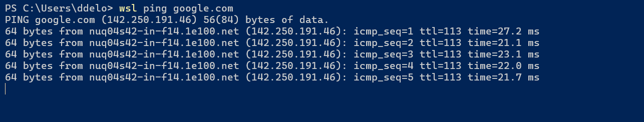 PowerShell での WSL ping コマンドの出力。