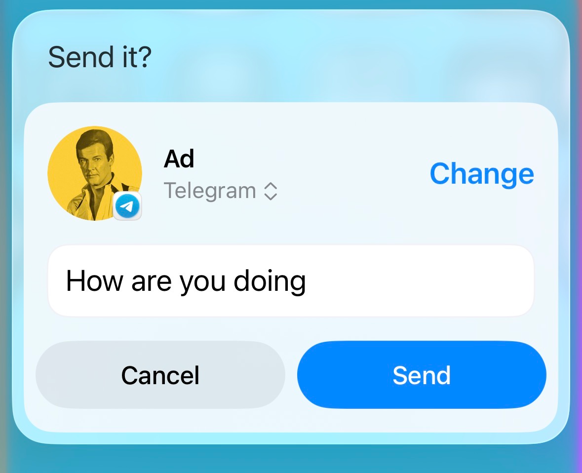 Telegram アプリ経由で「調子はどうですか」というメッセージの送信を確認する Siri 通知。