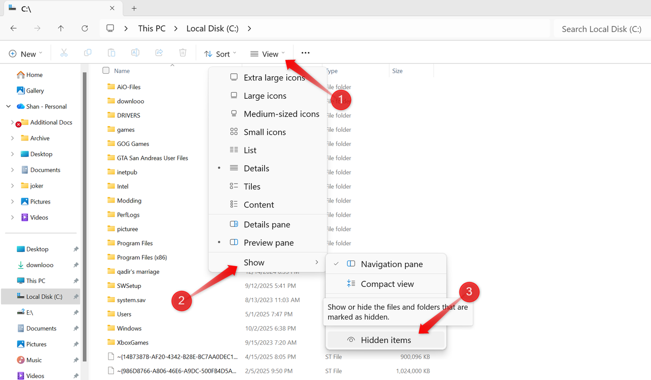 Windows の C ドライブにあるファイルを再表示します。