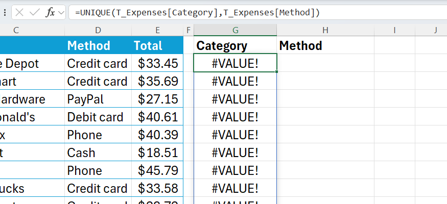 隣接しない 2 つの列が別々の引数として入力されるため、UNIQUE 式は VALUE エラーを返します。