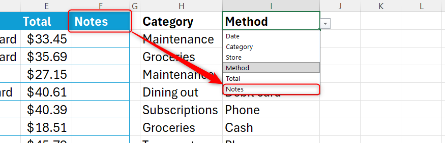 新しい列が Excel テーブルに追加され、別のセルのドロップダウン リストにその新しい列のヘッダーが自動的に採用されます。