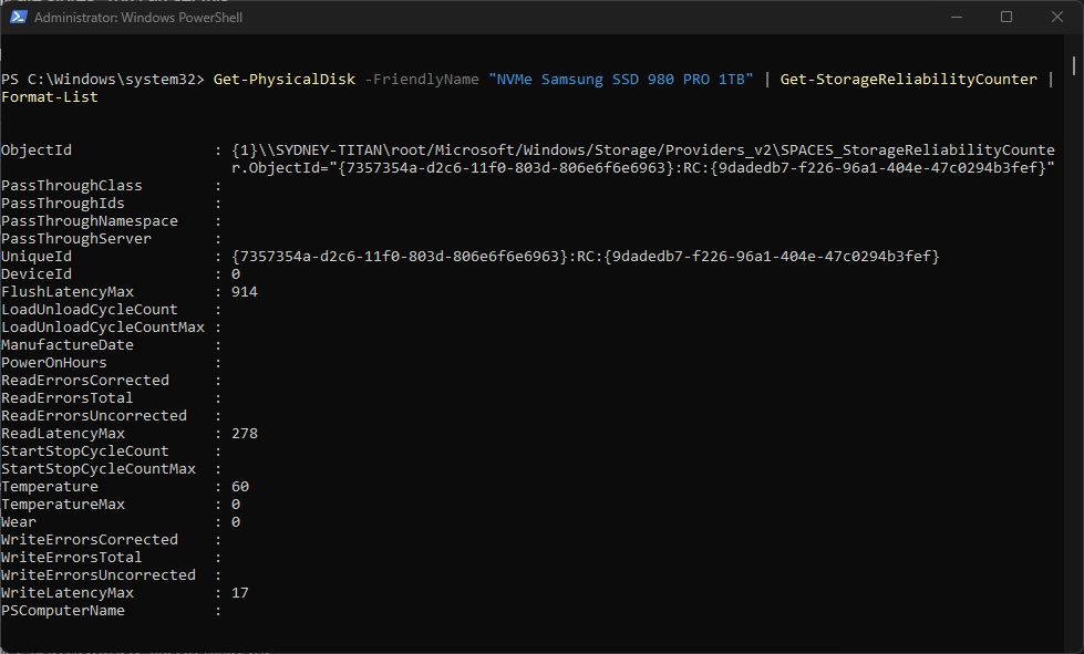 Windows PowerShell SSD レポート。