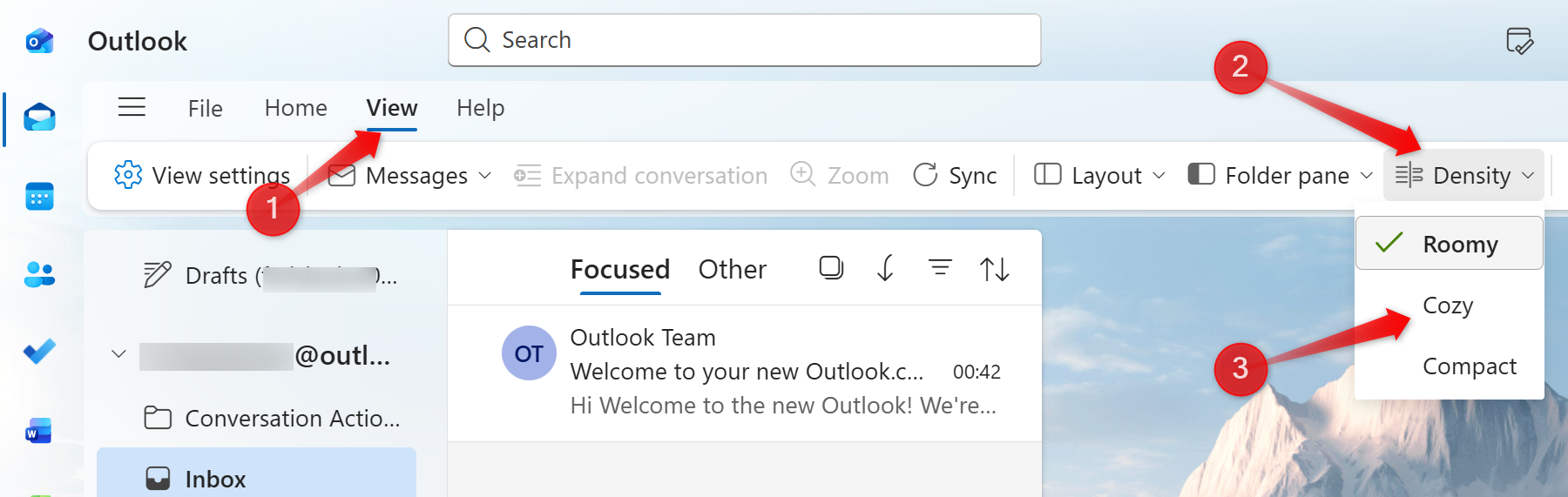 Outlook アプリでの密度の変更。
