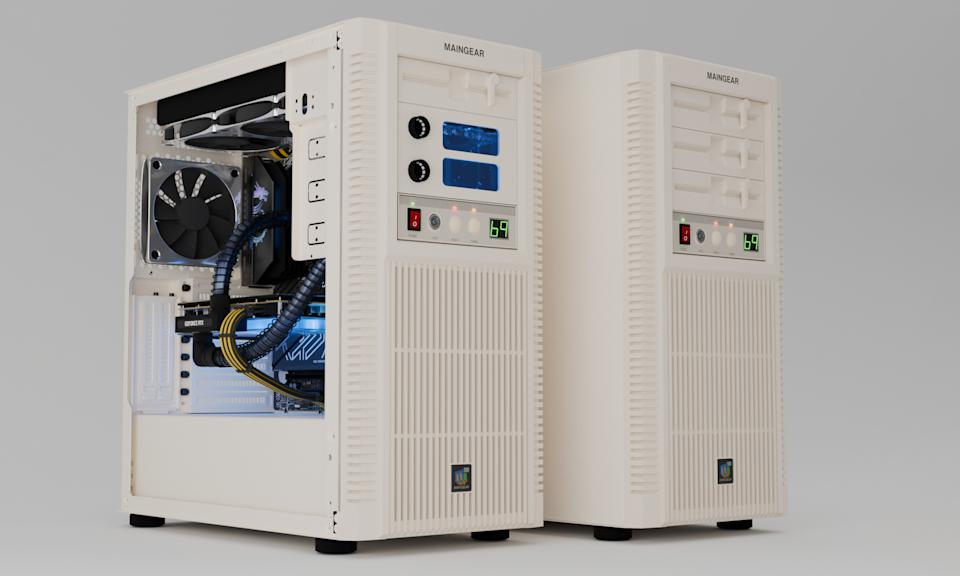 1998년에 찢어진 듯한 베이지색 타워 PC 두 대. 한 대를 열면 내부의 현대적인 구성 요소가 드러납니다.