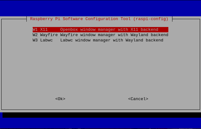 Raspberry Pi OSのraspi-configのウィンドウシステム設定。