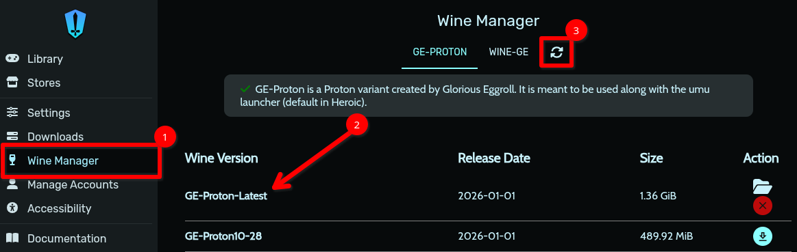 Heroic Game Launcher Wine Manager 画面。ナビゲーション メニュー、GE-Proton バージョン、更新ボタンを強調表示する赤い矢印と四角形が表示されます。