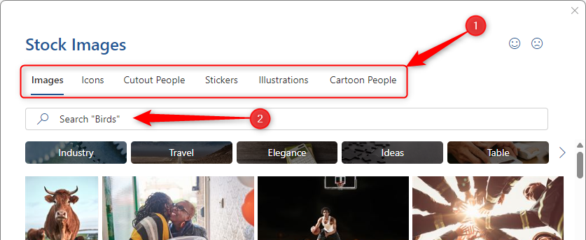 Microsoft Word のストック画像ギャラリー。タブと検索バーが強調表示されています。