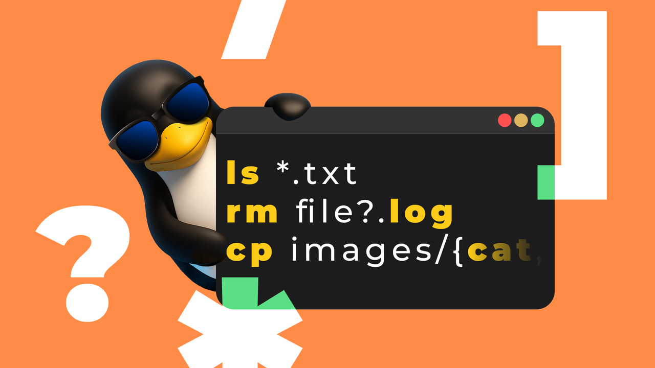 Linux のマスコットである Tux は、サングラスをかけ、グロビング コマンドを表示する大きなターミナル ウィンドウの後ろから覗いています。