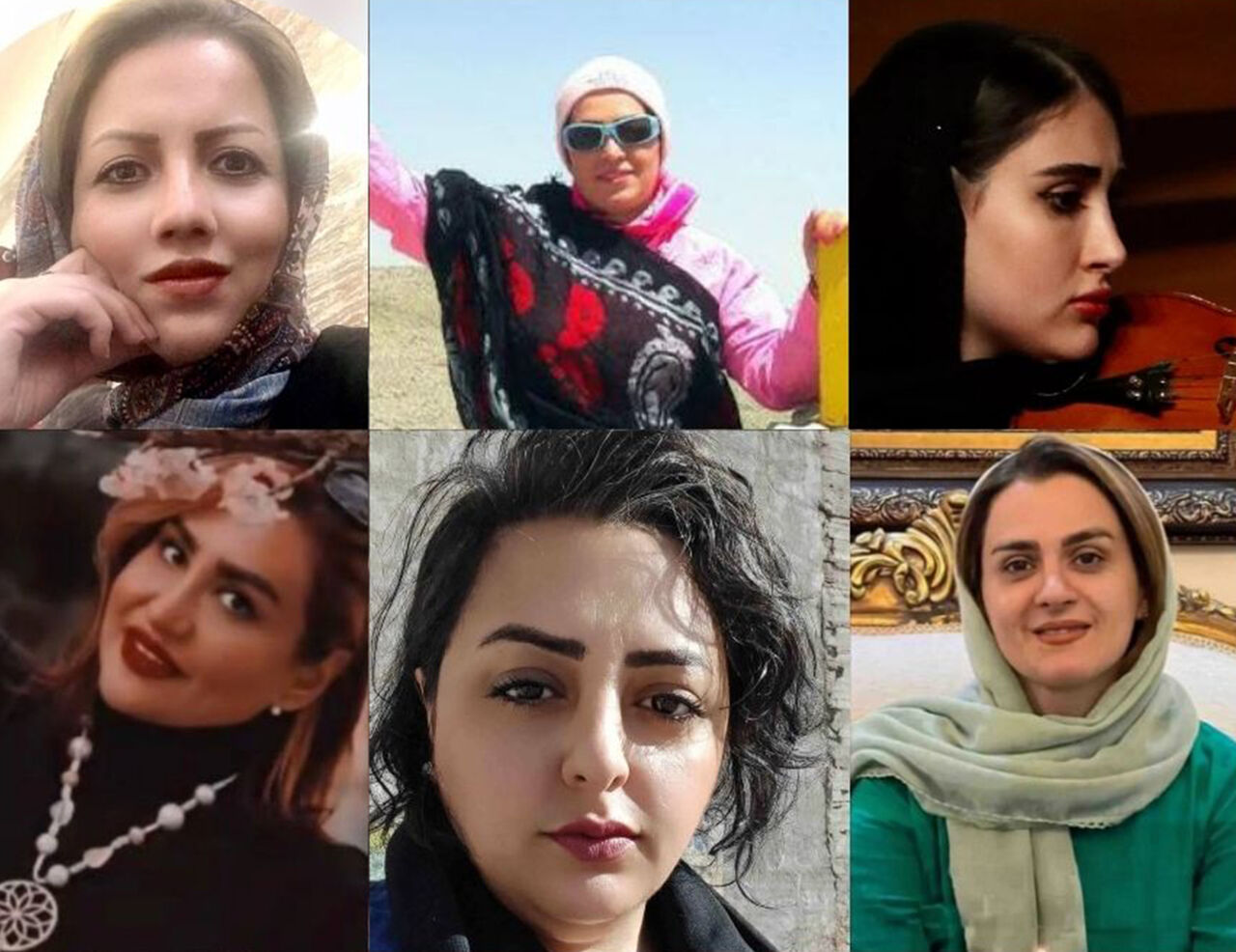 Sholeh Sotoudeh, Sara Behboodi, Ziba Dastjerdi, Zahra Bagheri, Sanam Pourbabayi 및 Aida Aghili를 포함하여 이란에서 살해된 6명의 여성의 콜라주.