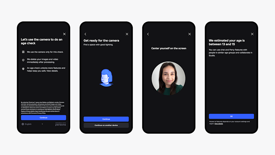 Roblox의 셀카 연령 확인 기능을 보여주는 4개의 휴대폰 화면