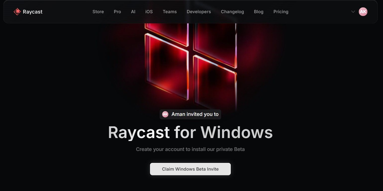Raycast Web サイトで Windows Beta Invite オプションを請求します。