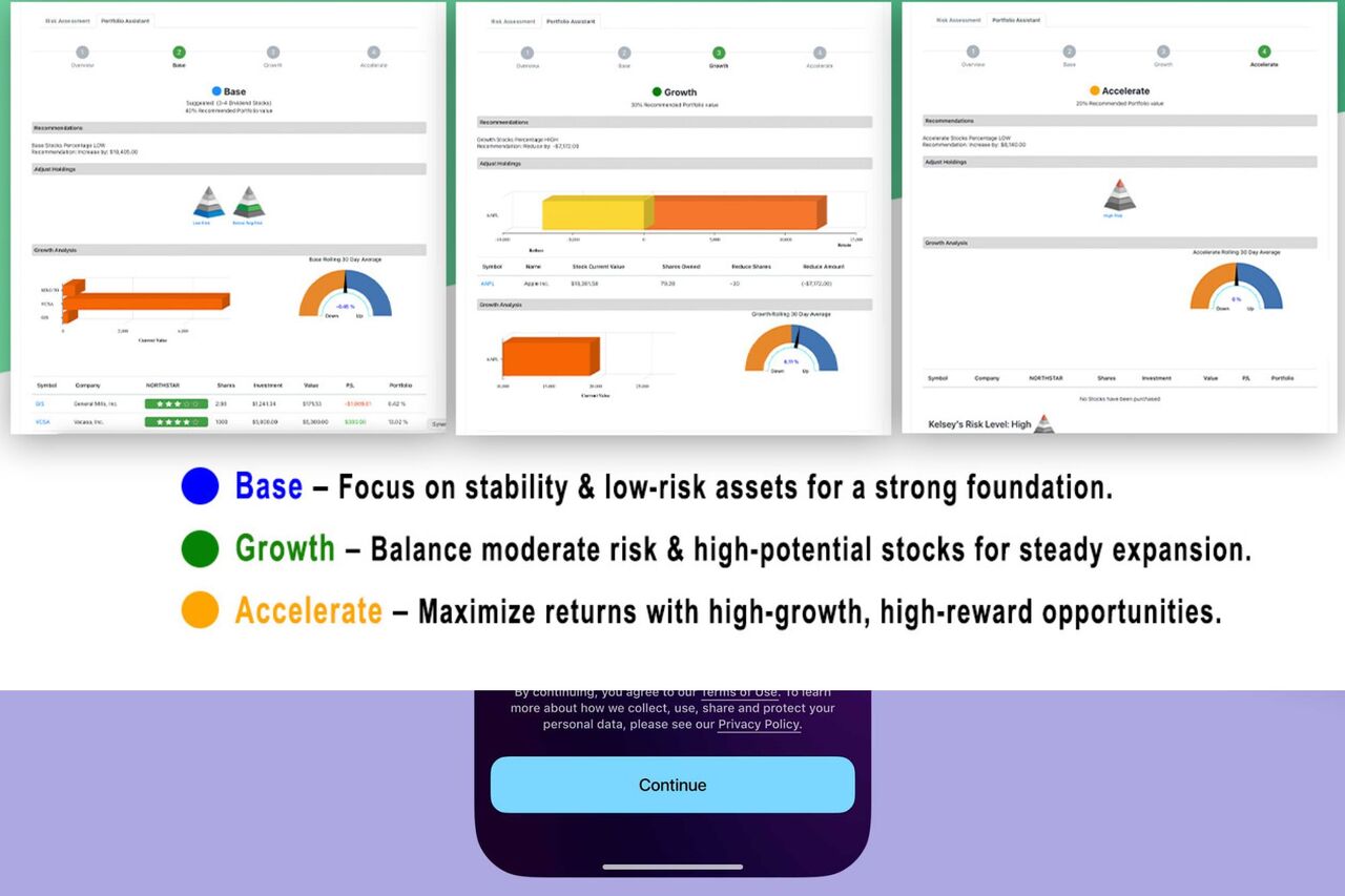 개인 정보 보호 정책 팝업과 함께 Base, Growth, Accelerate의 세 가지 투자 전략을 보여주는 주식 선택기 카드 그림.