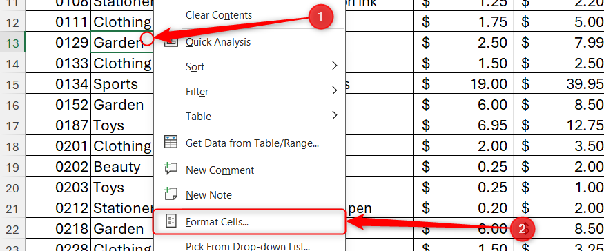 Excel のセルの右クリック メニューが展開され、[セルの書式設定]が選択されます。