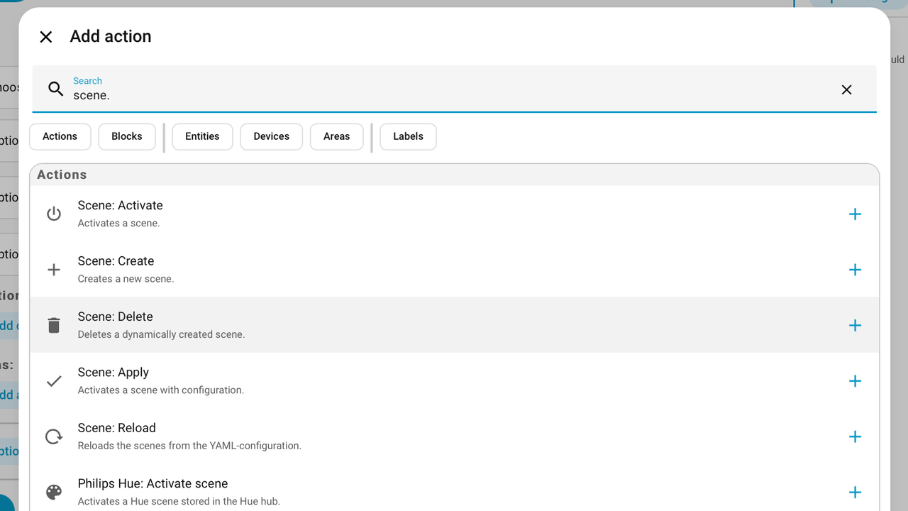 ホーム アシスタントのオートメーション エディターの scene.create アクションと scene.activate アクション。