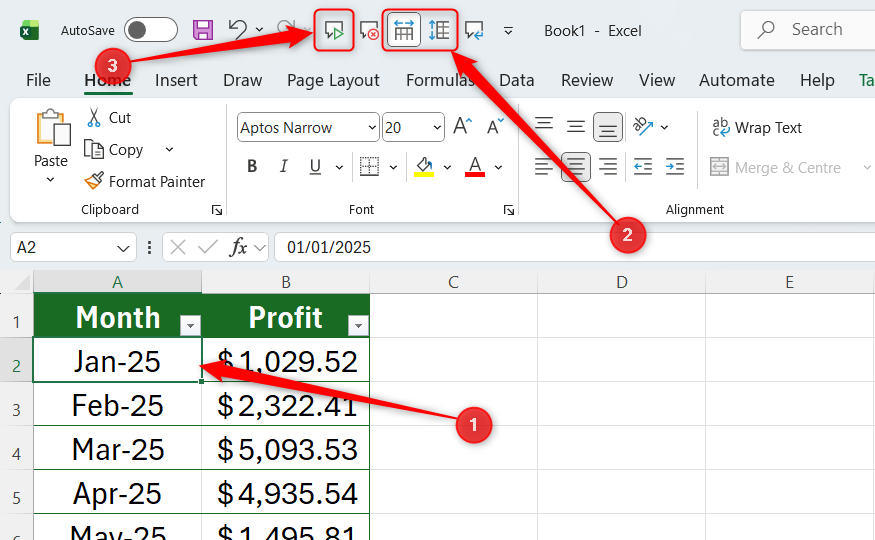 Excel テーブルの最初のデータ セルが選択され、[行ごとにセルを読み上げ]がアクティブになり、[セルを読み上げ]が強調表示されます。