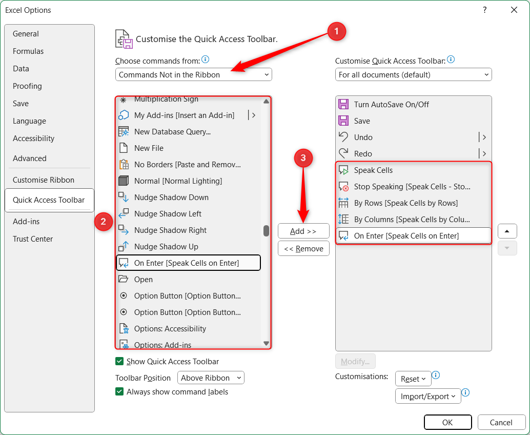 [Excel オプション]ダイアログの[QAT]メニューの音声コマンドがツールバーに追加されます。
