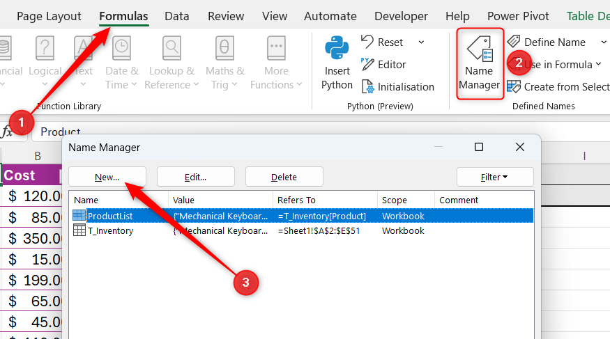 Excel の名前マネージャーはリボンの[数式]タブから開き、ダイアログで[新規]を選択します。