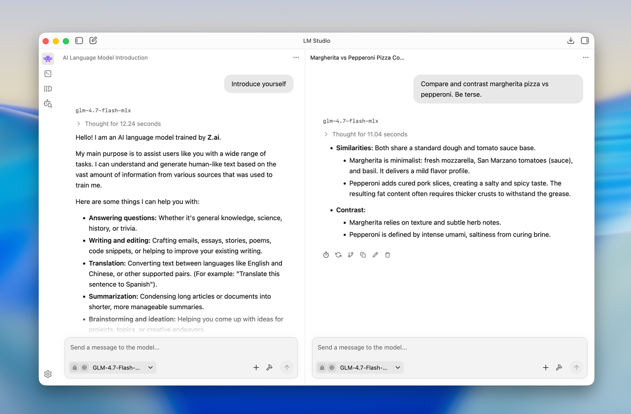 2 つのチャットが開いている LM Studio のスクリーンショット