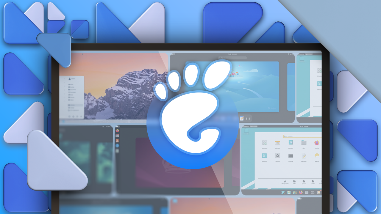 GNOME ロゴといくつかの Linux ディストリビューションが表示され、背景に幾何学模様が描かれた画面。