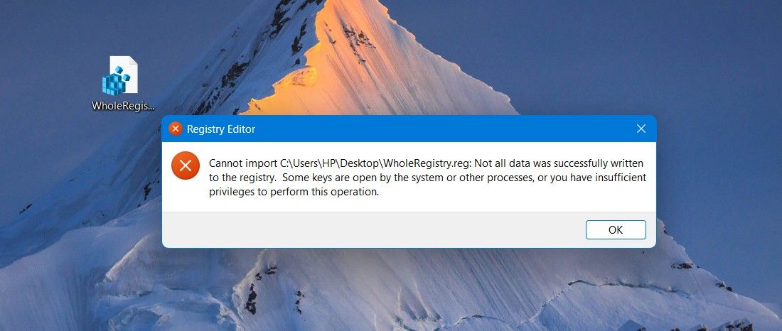Windowsレジストリのエラーメッセージ。