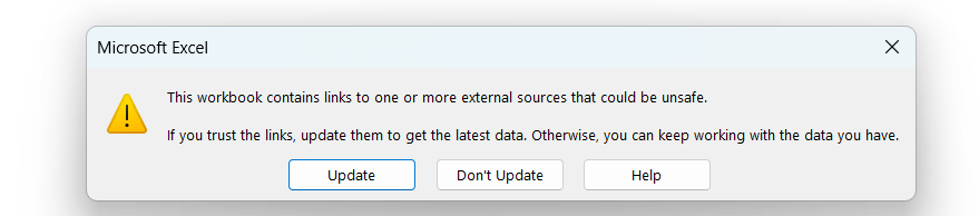 ワークブックに外部ソースへのリンクが含まれていることをユーザーに警告する Microsoft Excel ポップアップ メッセージ。