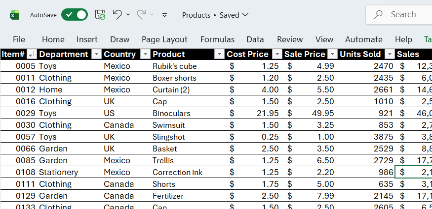 グリッド線、数式バー、見出し、およびリボンが非表示になっている Excel ワークシート。