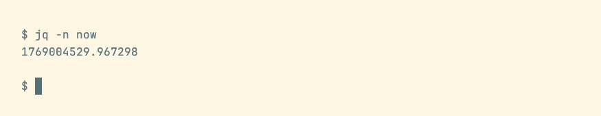 jq-now jq now フィルターは、Unix エポックからの秒数を表す大きな浮動小数点数を返します。