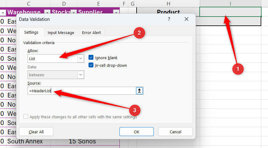 名前付き範囲 HeaderList が Excel のデータ検証ダイアログのソース フィールドに入力されます。