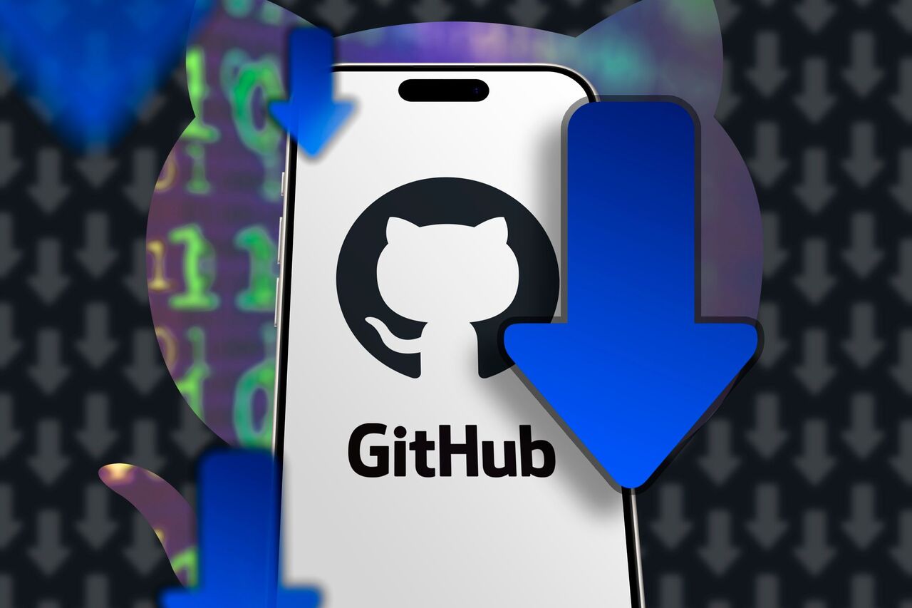 Github ロゴといくつかのダウンロード アイコンが付いた携帯電話。
