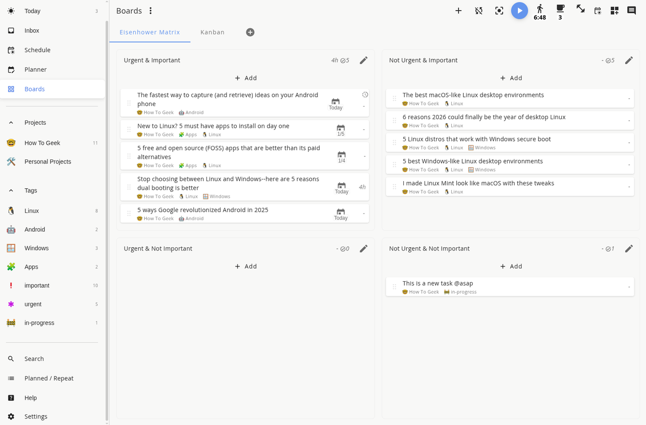 Super Productivity アプリのアイゼンハワー マトリックス。