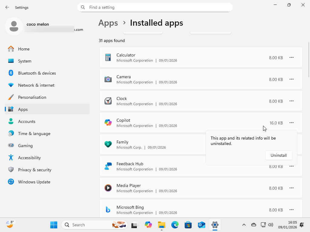 設定アプリを使用して Copilot をアンインストールします。