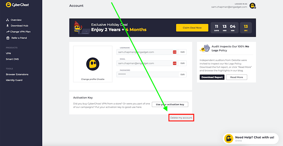 CyberGhost 계정을 삭제하는 버튼을 찾는 방법.