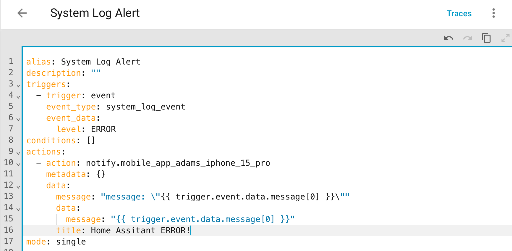 エラーがシステム ログに記録されたときにアラートを送信するための Home Assistant の自動化。