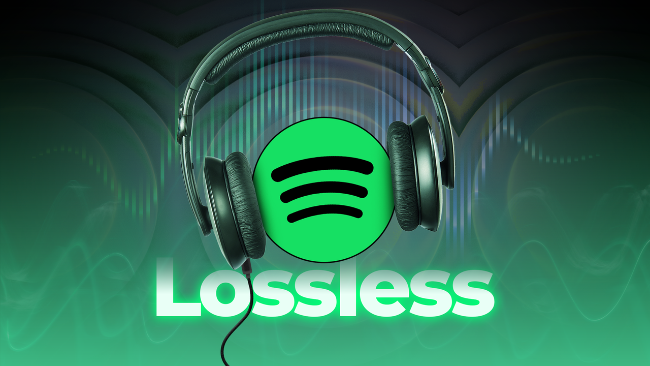 「Lossless」という文字の上にヘッドフォンを着用した Spotify のロゴ、背景に音波。