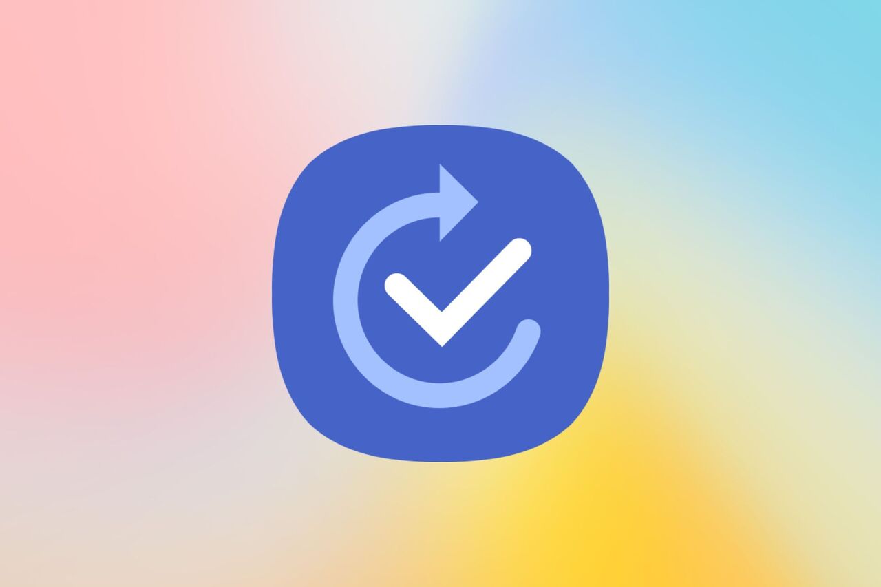 色付きの背景上の Samsung のモードとルーチンのアイコン。