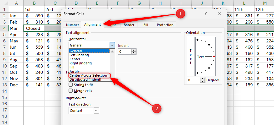 Excel の[セルの書式設定]ダイアログ ボックスの[配置]タブの[水平]メニューで[選択範囲全体の中央揃え]が選択されています。