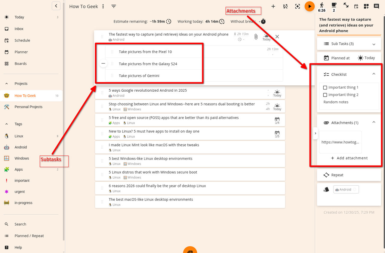 Super Productivity アプリの親タスクとサブタスク。