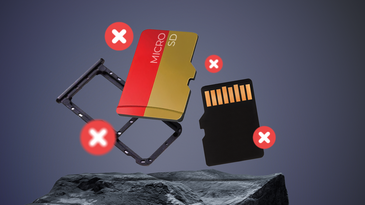 microSD カードと、その上に赤い X 記号が付いた SIM トレイの図。