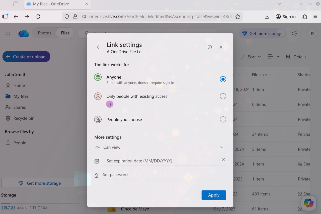 パスワード付きの OneDrive 共有オプション