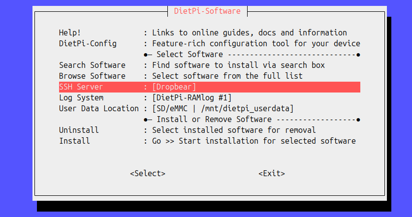 SSH サーバー オプションが強調表示された DietPi ソフトウェア メニュー。