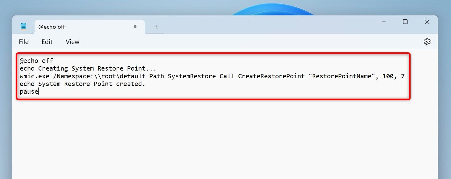 システムの復元ポイントを作成するためのバッチ ファイル。